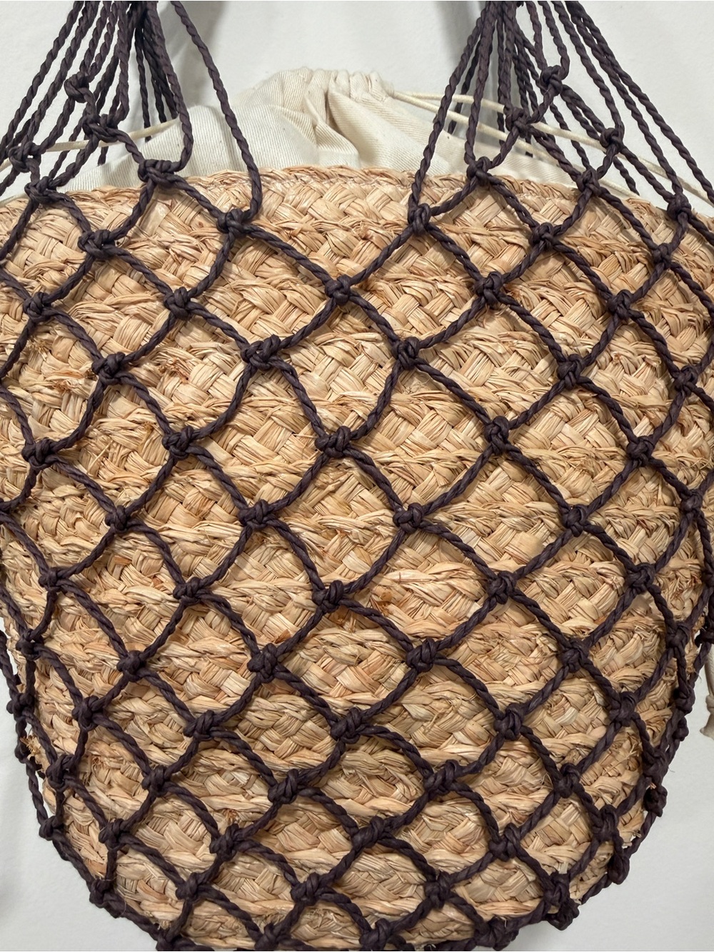 J. Crew Tan Straw Tote with Dark Brown Macramé Overlay - Picture 2 of 12